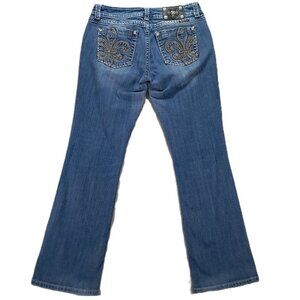 Miss Me Jean Women 33x32, Tag 31x33 Easy Boot Blue Denim Distressed Embellished